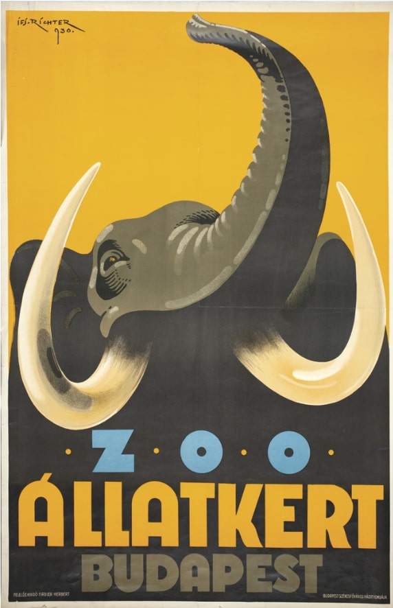 A főváros egy máig fontos turisztikai célpontját szintén Richter plakátja hirdette. 1930-ban is született ott kiselefánt, de sajnos mamája még aznap agyonnyomta szegényt. A plakát ennek ellenére vidám maradt! (OSZK PKT, PKG.1930/174)
